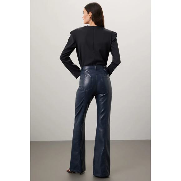 Cinq a Sept Shanis Faux Vegan Leather Pants Blue High Rise Split-Hem Flare Sz 6 - Picture 2 of 14